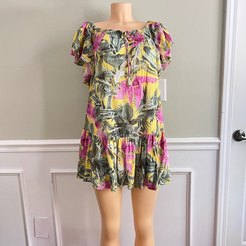 Cynthia Rowley Tropical Mini Dress Womens Medium Palm Leaf Flutter‎ Yellow Pink